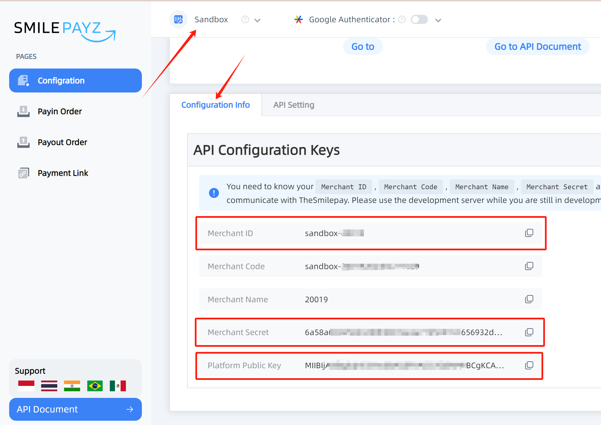 Sandbox Integration Info