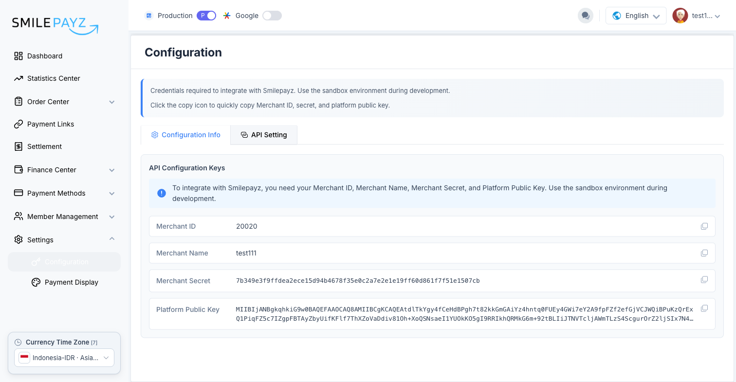 生产 Configuration Info 生产 — API Configuration Keys