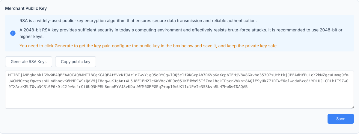 沙盒 — Generate RSA Keys 与 Save 沙盒 — Merchant Public Key