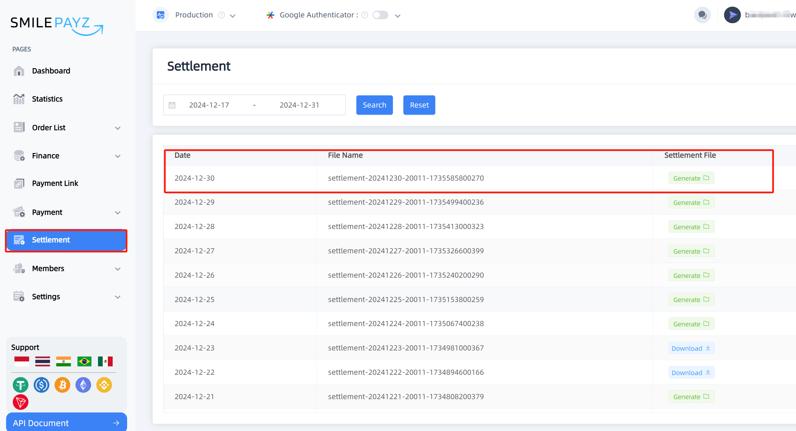 Settlement File Download Interface